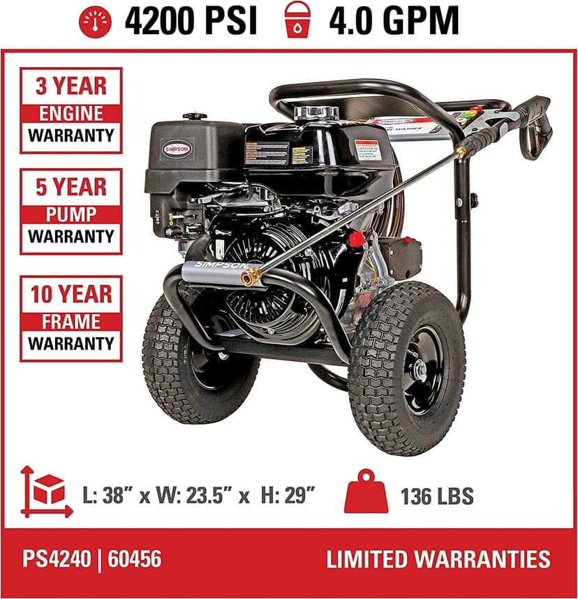 Simpson PS4240 PowerShot Gas Pressure Washer Powered by Honda GX390, 4200 PSI at 4.0 GPM, (49 State) 60456