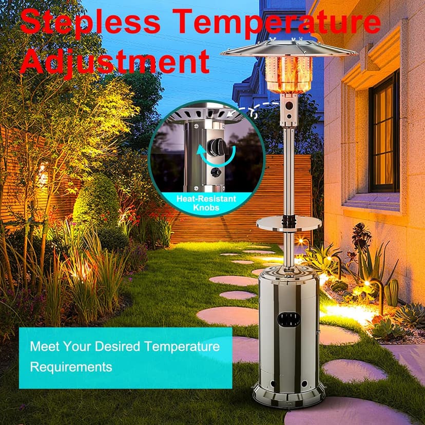 48,000 BTU Patio Heater, Stainless Steel Propane Heater With Wheels, Portable Outdoor Heaters for Patio, Backyard, Balcony, Silver