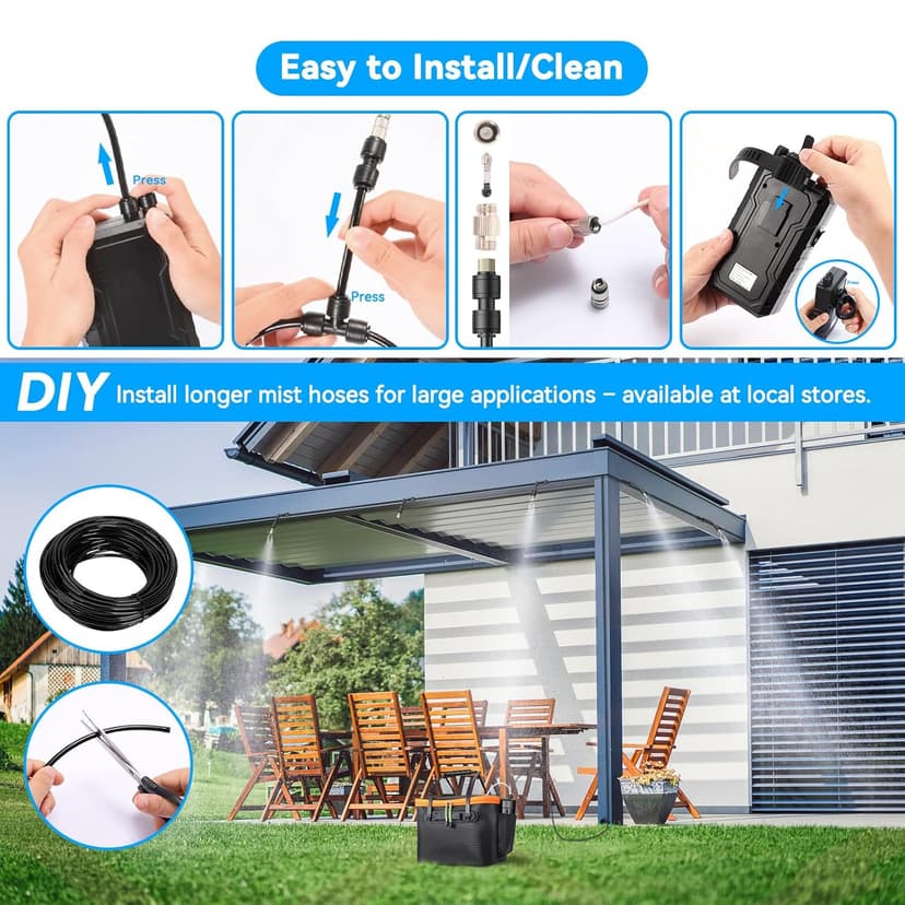 Ausic Portable Misting Systems, Outdoor Water Cooling Misters Set with 6000mAh Water Pump, 20L Bucket, 26FT (8M) Hose, 6*Nozzles, 10*Clips/Ties for Patio/Umbrella/Pasture/Greenhouse/Canopy/Camping