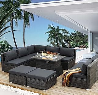 NICESOUL 10 Piece Contemporary Patio Furniture Set with Firepit Table Natural Gas/Propane, 29.3'' High Backrest Outdoor Sofa Conversations, 9 Seats Deep Wide Seating Wicker Sectionals, Dark Gray
