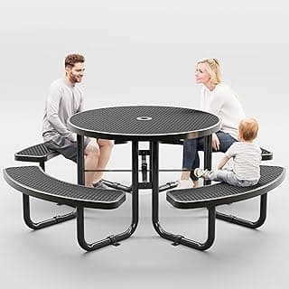 Metal Picnic Tables for Outdoors with Umbrella Hole - Coated Steel Heavy Duty Commercial Grade Table with Adjustable Seats (Black, 46 in, Round, Expanded Steel)