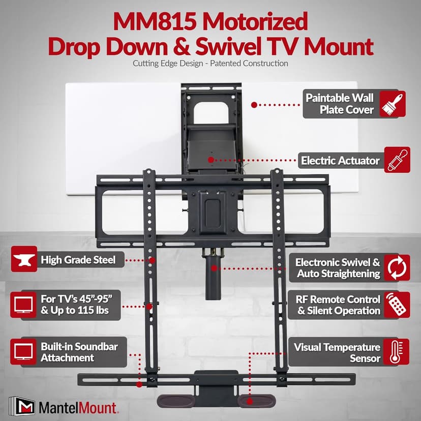 MantelMount MM815 Motorized Remote Control Pull Down TV Mount with Automated Swivel | Above Fireplace Mount for TVs 45"-90" Up to 115 lbs | RF Remote Control & Favorite Memory Positions