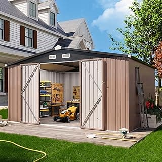 Aoxun 12x10 FT Shed Metal Outdoor Waterproof Storage Shed Steel Utility Garden Tool Shed with Door & Lock Outdoor Storage for Garden Patio Lawn Poolside, Brown