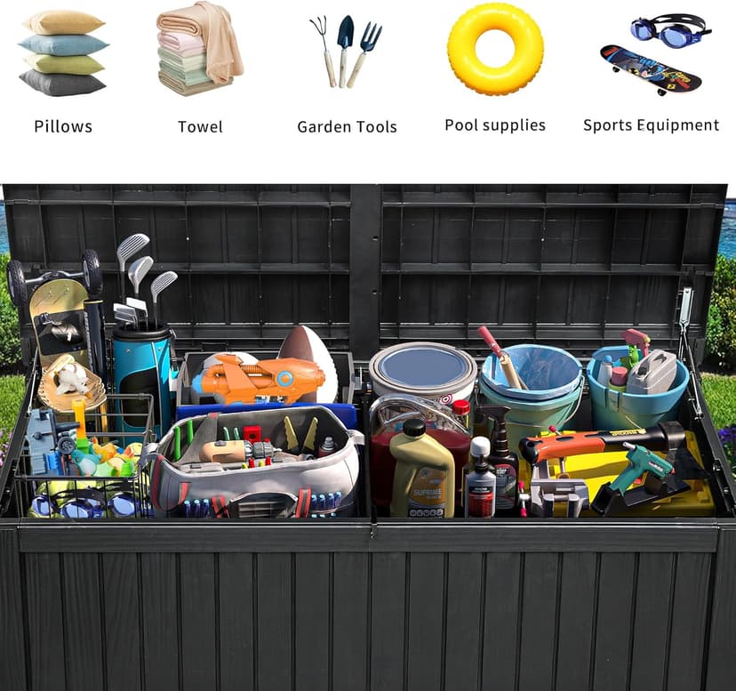 YITAHOME 180 Gallon Large Outdoor Storage XL Deck Box w/Divider for Patio Furniture,Outdoor Cushions, Garden Tools, Sports Equipment and Pool Supplies, Waterproof, Resin, Lockable, Black