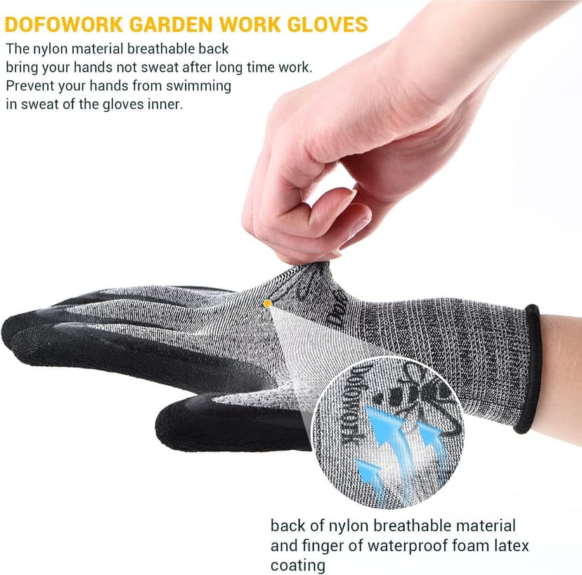DOFOWORK Gardening Gloves - 6 Pair Gardening Gloves for Women/Men, Breathable Natural Latex Garden Gloves with Grip