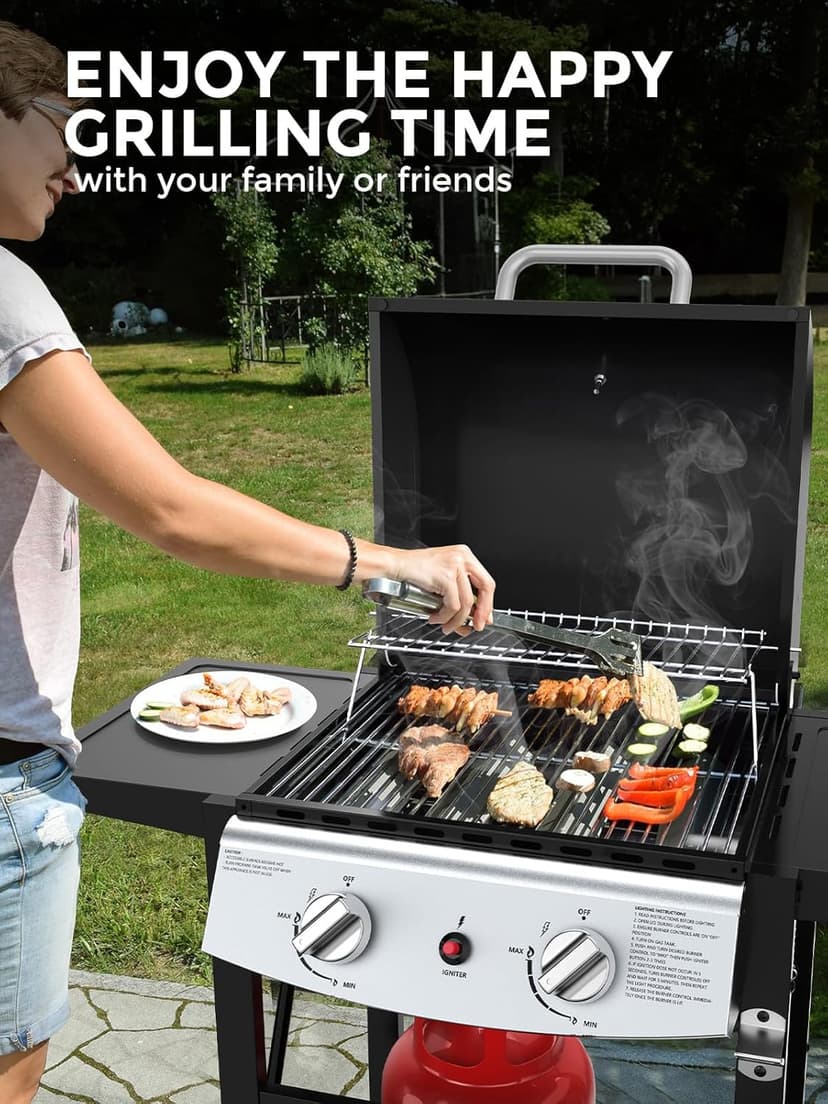 Cowsar 2 Burner BBQ Propane Gas Grill, Stainless Steel 20000 BTU, Equipped with Sides Burner and 4 Wheels for Easy Mobility, Ideal for Outdoor Kitchens and Backyard Patio Barbecues