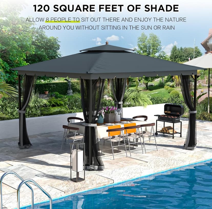 [Upgraded] 10x12 Gazebo with Mosquito Netting,Sturdy Metal Outdoor Patio Gazebo[Heavy Duty Frame],Gazebos Canopy Tent with Dual Air Roof,Patio Canopy Gazebos,Wind Resistant/Waterproof for Deck