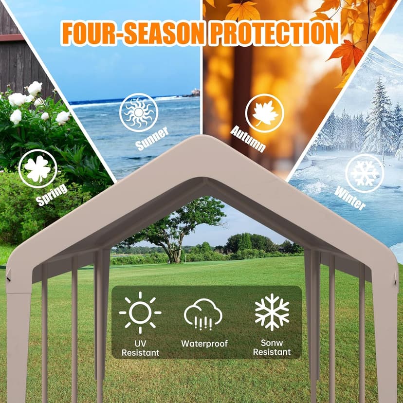Carport Canopy 10'x20' Heavy Duty Replacement Cover, Garage Shelter Cover 800D Oxford Waterproof & UV Protected Tarp with Ball Bungees, Not Include Frame, Beige