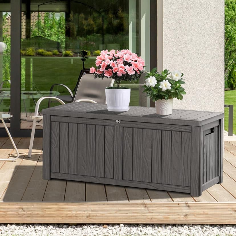 120 Gallon Waterproof Deck Box, Lockable Resin Storage Box for Patio Furniture Cushions Garden Tools and Outdoor Delivery Storage, Coffee