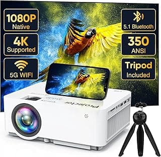 Native 1080P Projector with 5G WiFi Bluetooth and Tripod, 4K Supported Portable Home and Outdoor Movie Projector, Max 300" Display, Compatible with TV Stick, HDMI, Phone