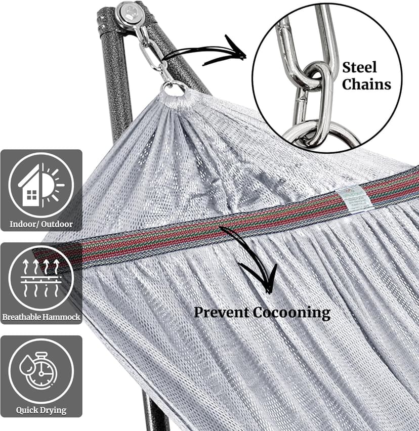 Tranquillo Double Hammock with Stand Included for 2 Persons/Foldable Hammock Stand 600 lbs Capacity Portable Case - Inhouse, Outdoor, Camping, Grey