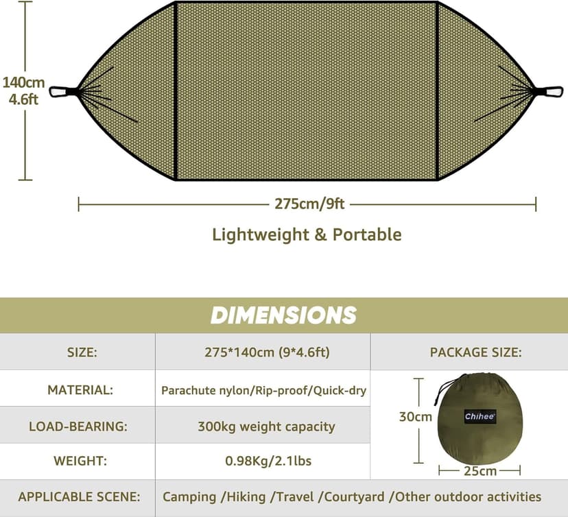 Chihee Ultra-Light Travel Camping Hammock Pop-up Net Hammock 660lbs Load Capacity,Breathable,Quick-Drying Parachute Nylon 2 Premium Carabiners,2 Tree Slings Included for Outdoor Backpacking Hiking