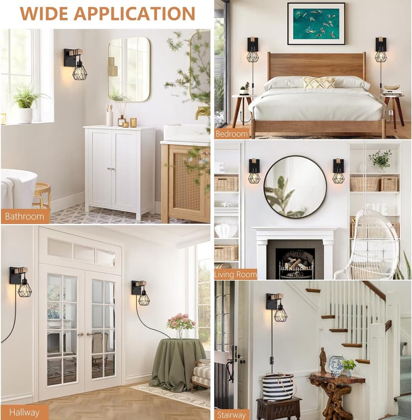Plug in Wall Sconces Set of Two, Vintage Wood Wall Lamps with Plug in Cord, Farmhouse Wall Light Fixture with 5.25FT On/Off Switch Cord, Indoor Wall Lamp for Bedroom Living Room