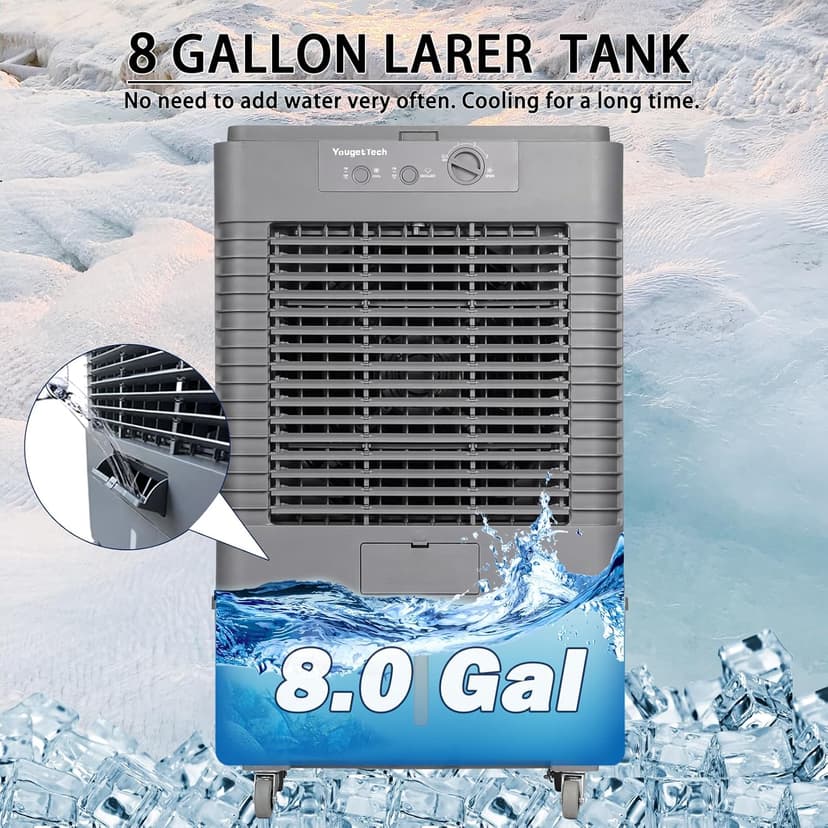37" Evaporative Air Cooler 3000 CFM, 8 Gal Water Tank, 3 Speeds, Oscillating Cools up to 720 Sq. ft, Portable Industrial Swamp Water Cooler for Outdoor Commercial Factory - Gray