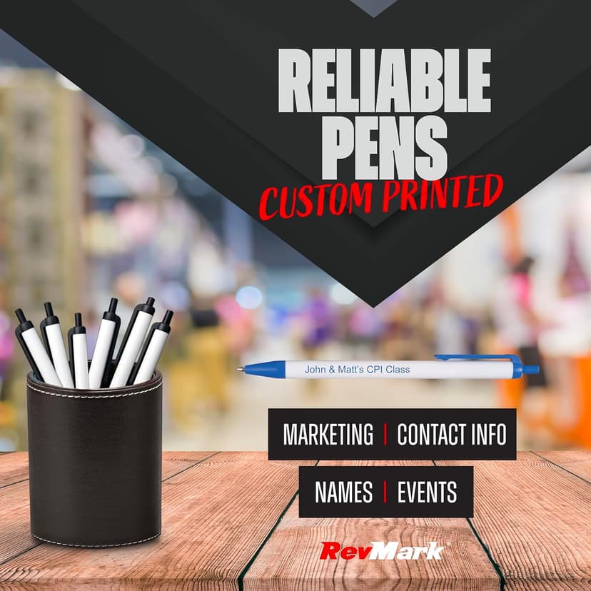 RevMark Personalized Ballpoint Pen, Custom Printed Name, Business or Event Information, Timeless Advertising, USA Made Pens, Promotional Marketing, Smooth Black Ink, Bulk Pack (Blue,50 Ct.)