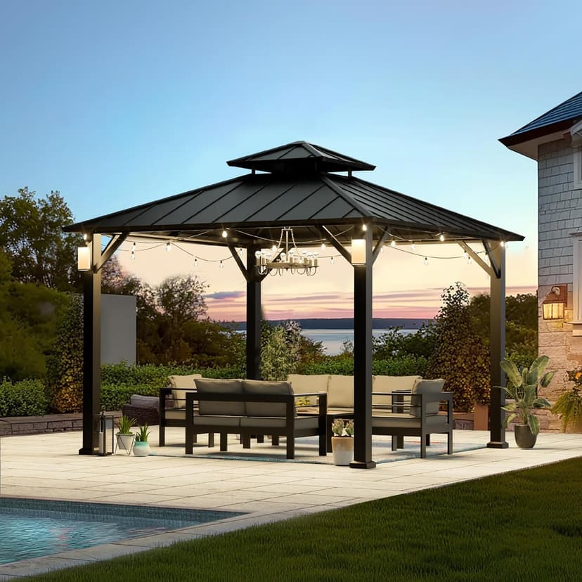Modern Shade 10'x10' Hardtop Gazebo with Galvanized Steel Roof & 4 LED Lights - Permanent Metal Gazebo Outdoor Pavilion for Backyard, Deck, Garden - All-Weather Patio Cover