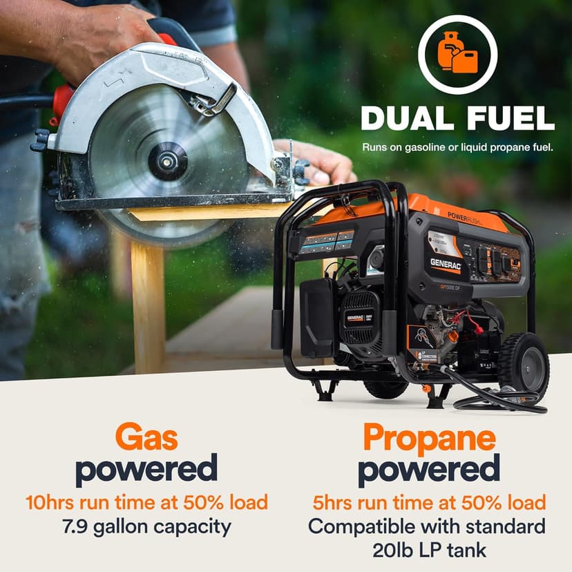 Generac 7,500-Watt Dual-Fuel Compatible Portable Generator - Gas and Propane - COsense Technology with Electric Start - PowerRush Advanced Technology - Reliable Power Solution - Home Use, Orange/Black