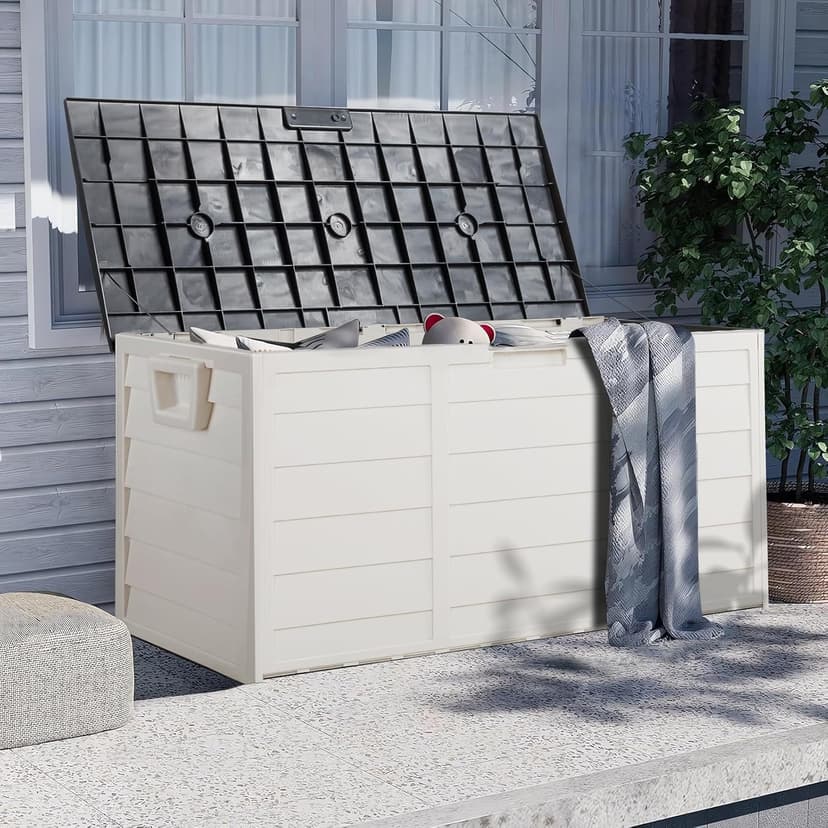 VINGLI Upgraded 75 Gallon Outdoor Storage Box, Lockable Plastic Storage Containers with Lid, Patio Deck Box Furniture for Garden, Pool, Balcony, Yard (White)