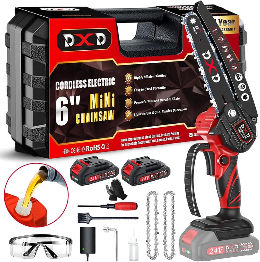 Handheld Mini Cordless Electric Chainsaw with Battery&Gas Powered Option,6-Inch chainsaw&Pruning Attachment Bar Oil Jug, Safety Gloves, Chainsaw Chain & Caseightweiaht for Tree Trimming. Wood Cutting