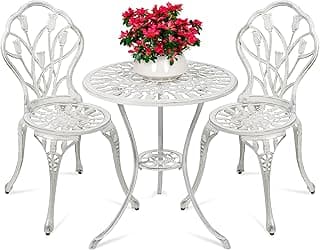 Best Choice Products 3-Piece Outdoor Rust-Resistant Cast Aluminum Patio Bistro Set w/Tulip Design, Antique Finish - White