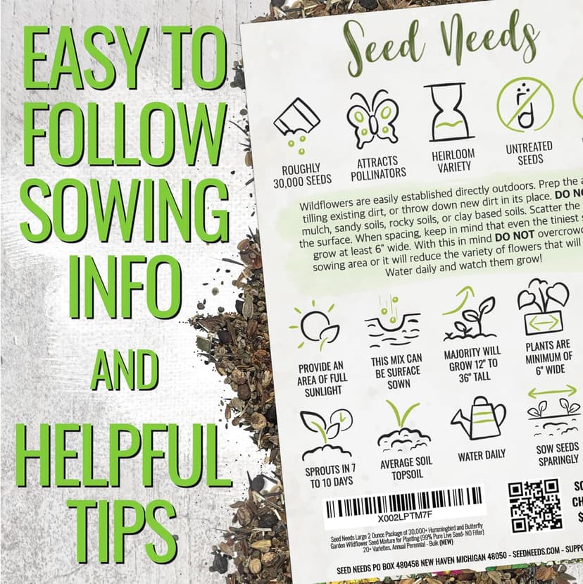 Seed Needs Wildflower Seeds Butterfly and Hummingbird Seed Mix 2 Ounce No Filler | 23 Varieties Annual & Perennial Species Such as Butterfly Milkweed, Cosmos & Zinnia | Resealable Bulk Package