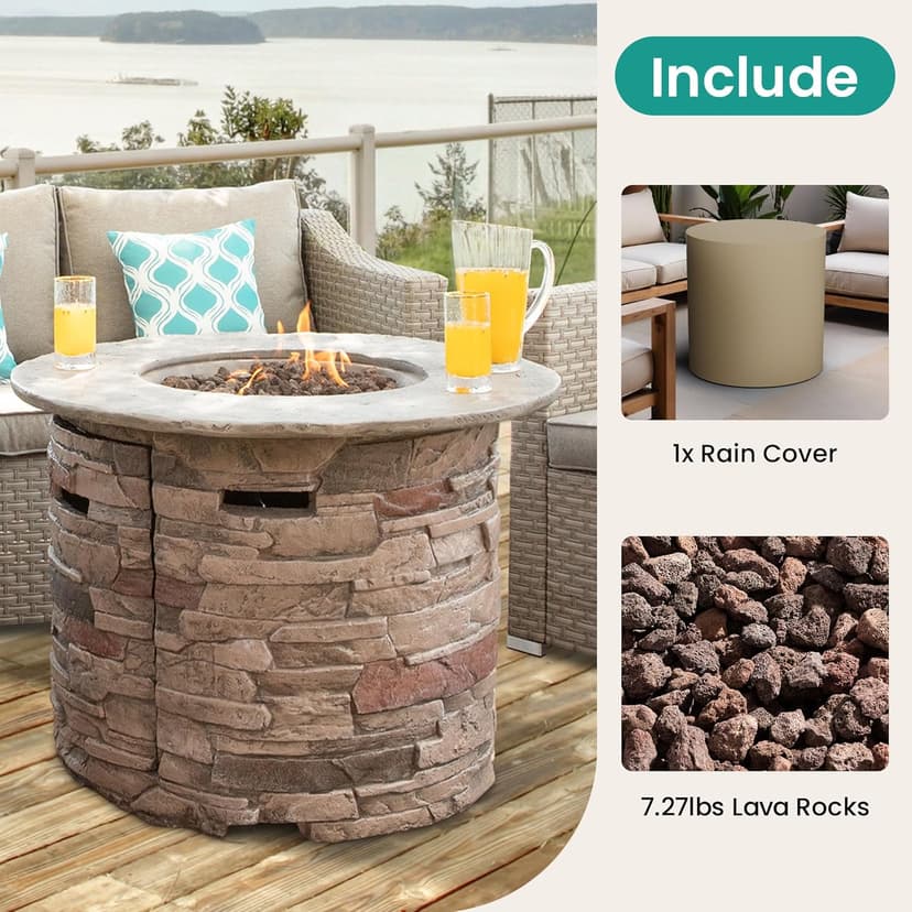 SUNBURY Outdoor Fire Pit Propane Round Fire Pit Table Fire Column, Stonecrest 40,000 BTU Gas Fire Pits for Outside w Lava Rocks, Waterproof Cover, CSA Certified