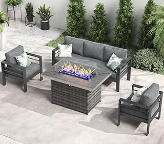 LayinSun Aluminum Furniture Set with Fire Pit Table, 4 Pieces Patio Sectional Conversation Chat Sofa Modern Seating Set