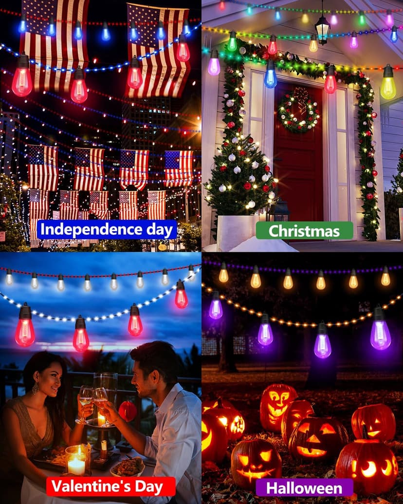 Flacchi Smart Patio Lights with Rope Fairy - 46ft Smart S14 String Lights, Waterproof Shatterproof Bluetooth APP Remote Control Dimmable for Balcony, Backyard, Party, Holiday (RGB & Warm White)