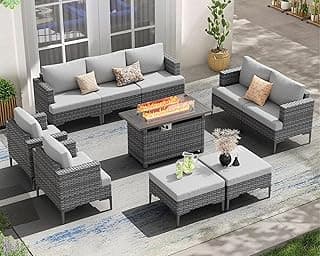 10 Pieces Patio Furniture Set with 44" Propane Fire Pit Table, 60000BTU Wicker Outdoor Sectional Coversation Set, Thick Cushion & Deep Seat, Outdoor Furniture Sets for Porch,Backyard,Deck (Grey)