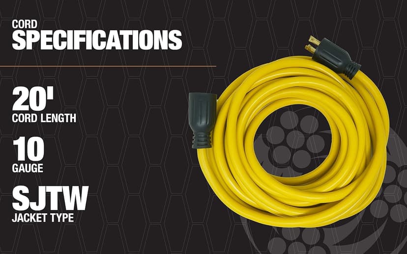 Southwire 65172840 20-Foot 30Amp Generator Cord; 10-Gauge Heavy Duty Electrical Power Cable with L14-30 Locking Plug; 125V / 250V; Yellow; Feet; Black
