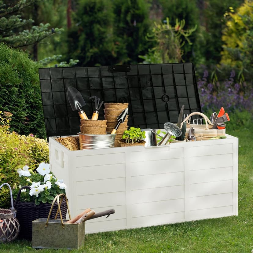 VINGLI Upgraded 75 Gallon Outdoor Storage Box, Lockable Plastic Storage Containers with Lid, Patio Deck Box Furniture for Garden, Pool, Balcony, Yard (White)