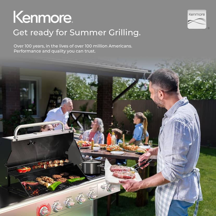 Kenmore BBQ Propane Gas Grill - 5 Burners with Side Burner & Searing Zone, 644 Sq. In. Stainless Steel Grill, 66,000 BTU, Ideal for Outdoor Cooking, Patio & Backyard, Silver