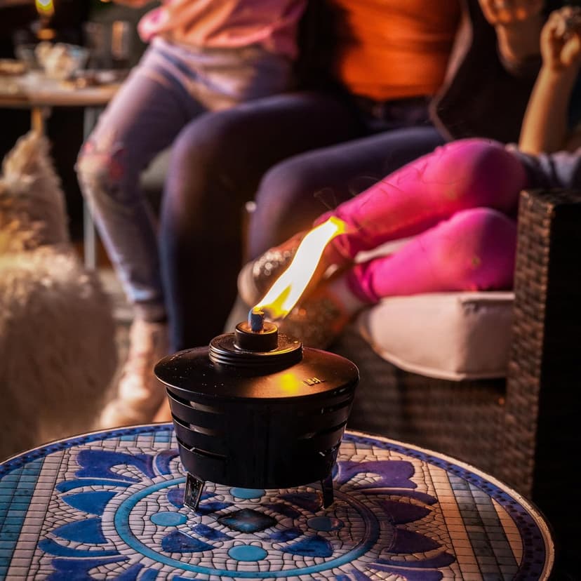 TIKI Mini Fire Pit Tabletop Torch 2-Pack, Outdoor Decorative TIKI Torch for Patio, Backyard, and Garden, Black Metal Tabletop Flame Torch, Includes Long Lasting Wick and Snuffer