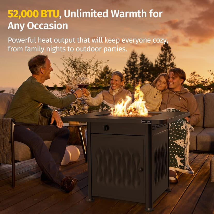 EAST OAK 28" Outdoor Propane Fire Pit Table | 52,000 BTU Gas Fire Pit Table for Outside with Magnetic Lid | Storage Basket & Lava Rocks | CSA Certified for Patio, Garden & Backyard | Black