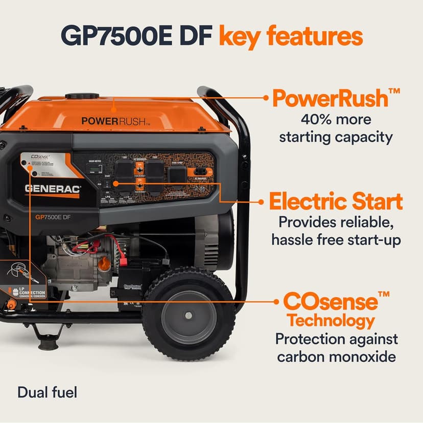 Generac 7,500-Watt Dual-Fuel Compatible Portable Generator - Gas and Propane - COsense Technology with Electric Start - PowerRush Advanced Technology - Reliable Power Solution - Home Use, Orange/Black