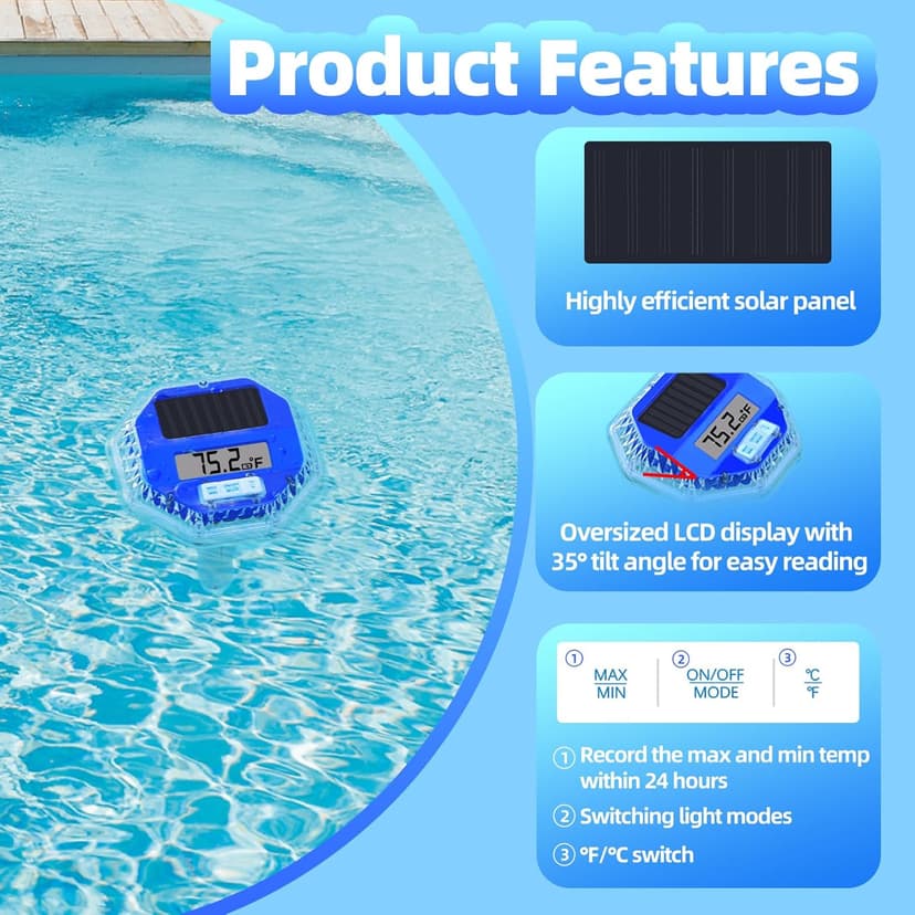 Solar Digital Pool Thermometer Floating Easy Read, Solar Pool Temperature Thermometer with Dynamic Light Show, Large LCD Screen & IP68 Waterproof Pools Water Temperature Guage for Hot Tub,Spa
