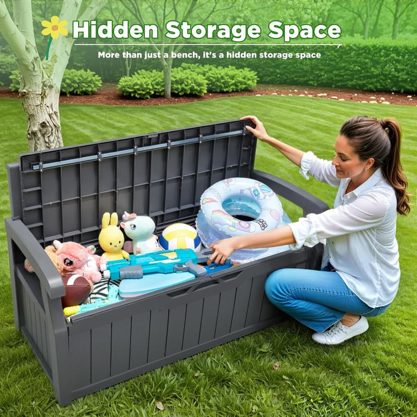Greesum 80 Gallon Storage Bench Outdoor Deck Box with Armrest, Patio Furniture,Lockable, Waterproof and UV Resistant, Suitable for Garden, Pool, Grey