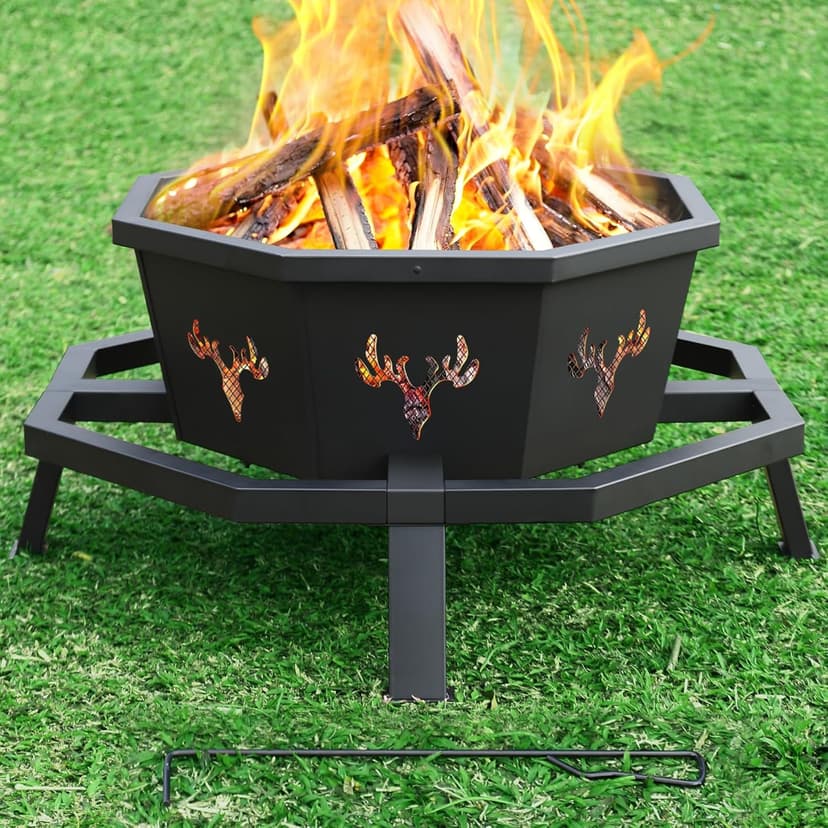 BOINN 35 Inch Fire Pit, Wood Burning Fire Pit for Outside, Heavy Duty Octagonal Firepit with Poker for Camping Backyard Patio Black