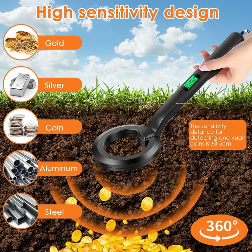 Metal Detector, IP54 Waterproof Portable High Sensitivity Metal Detector with Audible & Vibration Alerts, 360 Scanning Treasure Finder (Black)