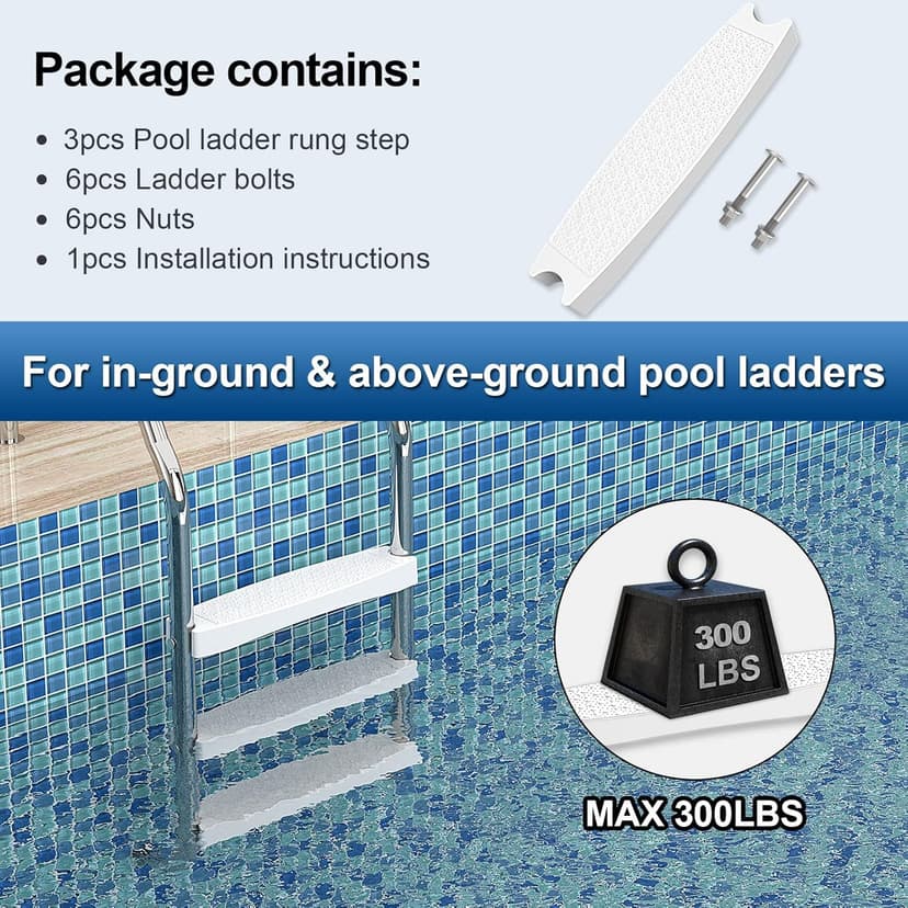 Goovilla Pool Ladder Steps Replacement, (3-Pack) 18" Universal Heavy-Duty Molded Plastic Swimming Pool Ladder Rung Step with 6 PCS Stainless Steel Bolts for Inground and Above Ground Pools, White