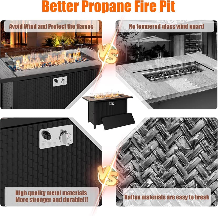 Walsunny 45 inch Outdoor Propane Fire Pit 50,000 BTU Gas Fire Pit Table with Lid, Glass Wind Guard, Waterproof Cover, Rectangle Gas Firepit Table for Garden/Patio, CSA Certification