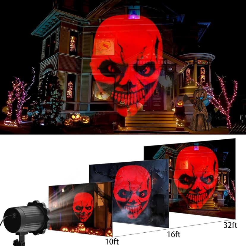 Outdoor Indoor Halloween Projector - 3D Dynamic Red Skull Decor Lights, Waterproof for Windows, Walls & Roofs