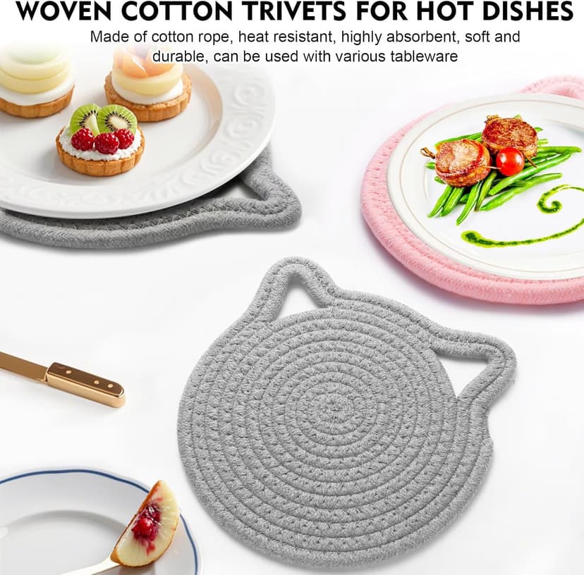 7.2 Inch Trivets for Hot Dishes, 2Pack Cotton Trivets for Hot Pots and Pans, Heat Resistant Hot Pads for Kitchen, Cat Ear Large Coaster Trivet Set, Hot Plate Mats for Kitchen Countertops (Light Gray)
