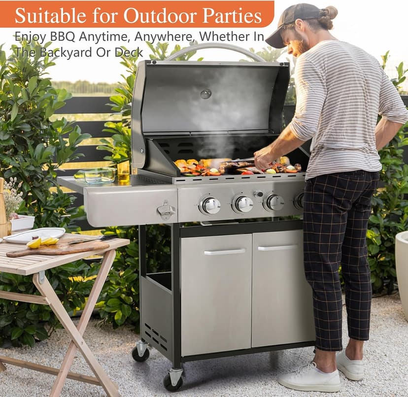 Sophia & William 4-Burner Propane Gas BBQ Grill with Side Burner and Porcelain-Enameled Cast Iron Grates, Stainless Steel Barbecue Grills Outdoor Cooking, Silver Cabinet Style, 42,000BTU