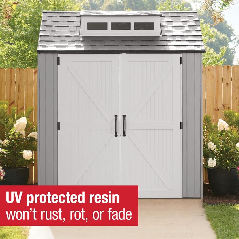 Rubbermaid Resin Outdoor Storage Shed With Floor (7 x 7 Ft), Weather Resistant, Gray, Organization for Home/Backyard/Garden Tools/Lawn Mower/Bike Storage/Pool Supplies