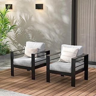 Wisteria Lane 2 Pieces Patio Furniture Aluminum Armchair, All-Weather Outdoor Single Sofa, Black Metal Chair with Light Grey Cushions