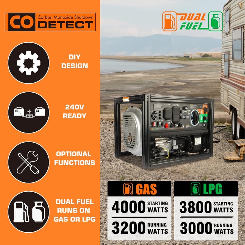 GENMAX DIY Open Frame Dual Fuel Inverter Generator, 4000W ultra-quiet 145cc engine,with Parallel and Series Capability with CO Alert, Ideal for Construction Job & Home backup power EPA Compliant