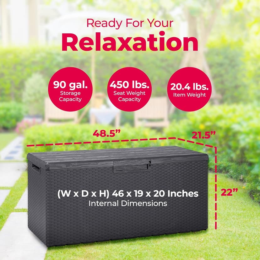 Toomax Portofino Large 90 Gallon Plastic Outdoor Storage Backyard Deck Box, with Lockable Lid, Seat Weight Capacity 450 Pounds, Gray