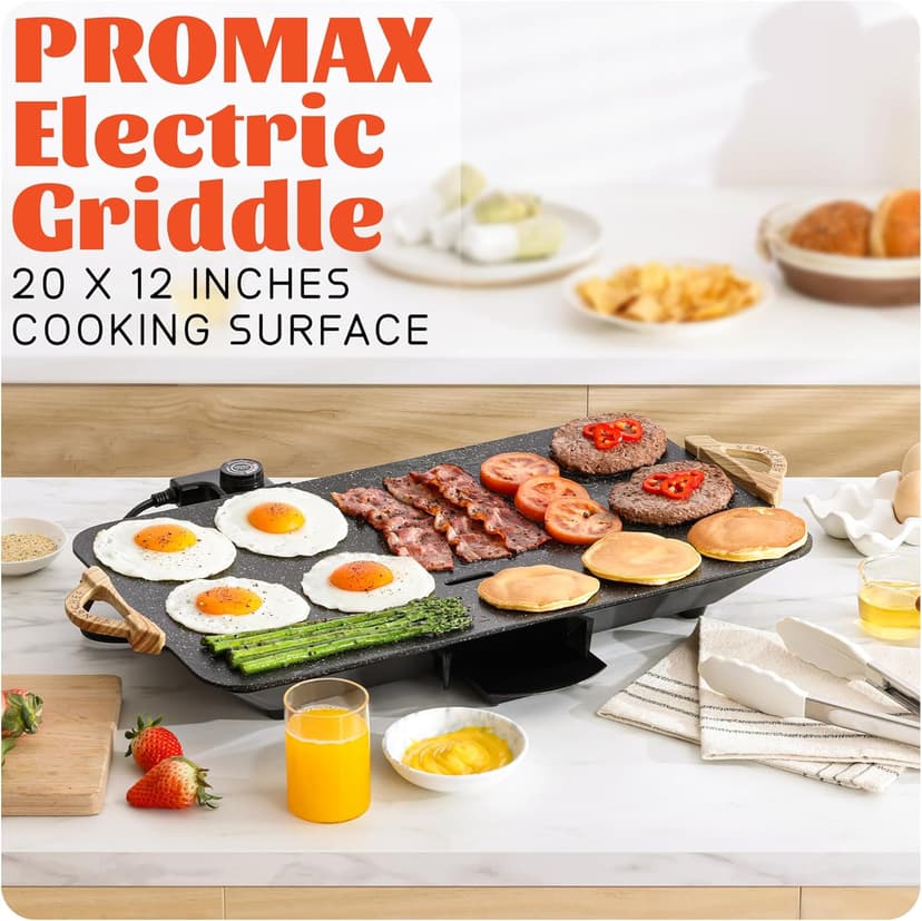12x20 Inch Extra Large Electric Griddle, 1700W Fast Even Heating, ILAG Granite Nonstick, Slope Design for BBQ Masters, Frameless design for Easy Cleaning, Great for Family Gatherings, Black