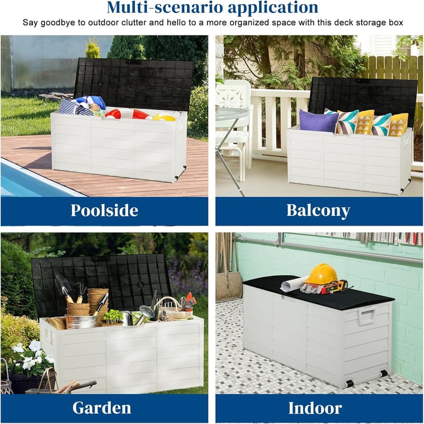 VINGLI Upgraded 75 Gallon Outdoor Storage Box, Lockable Plastic Storage Containers with Lid, Patio Deck Box Furniture for Garden, Pool, Balcony, Yard (White)